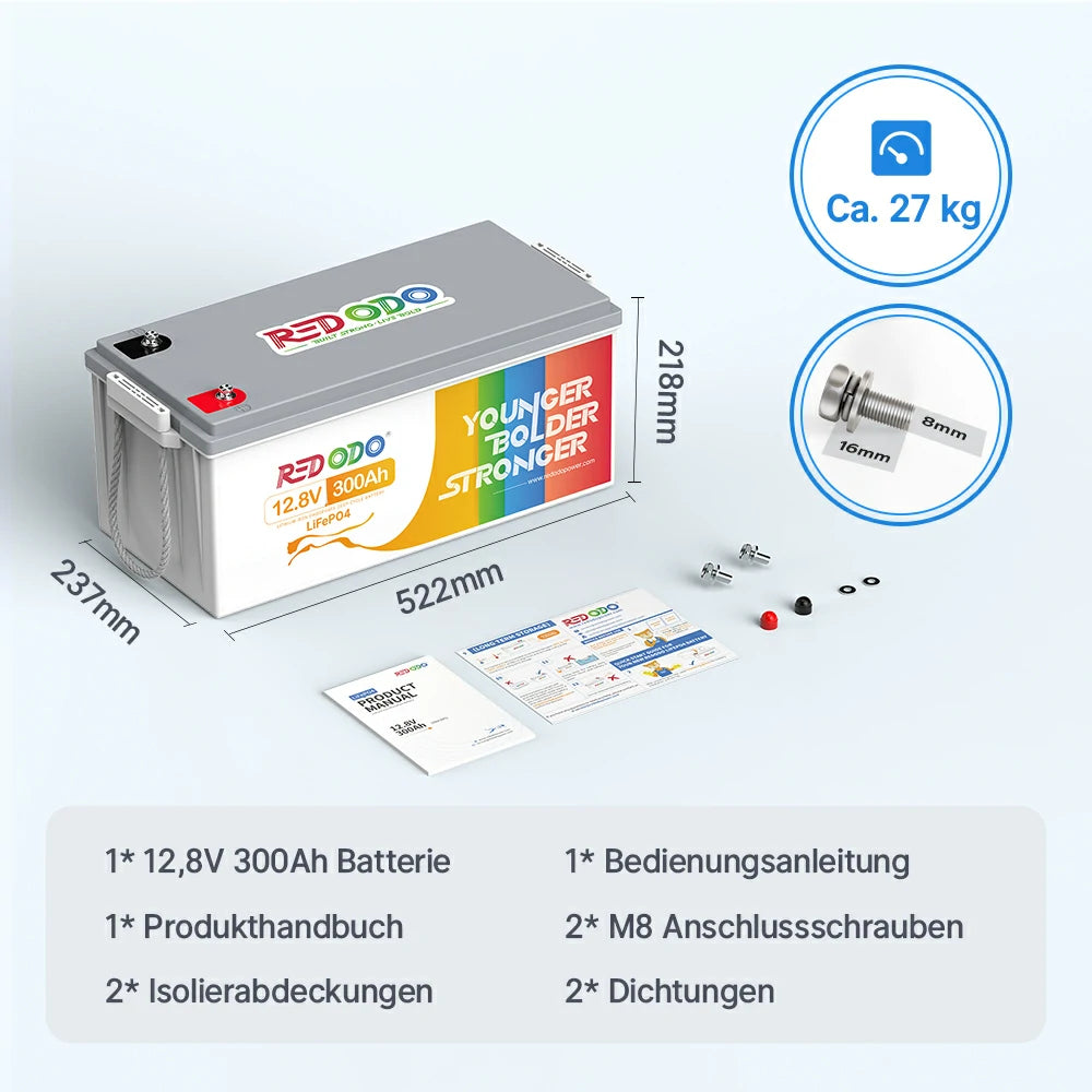 Redodo LiFePO4 12V 300Ah Batterie Akku BMS
