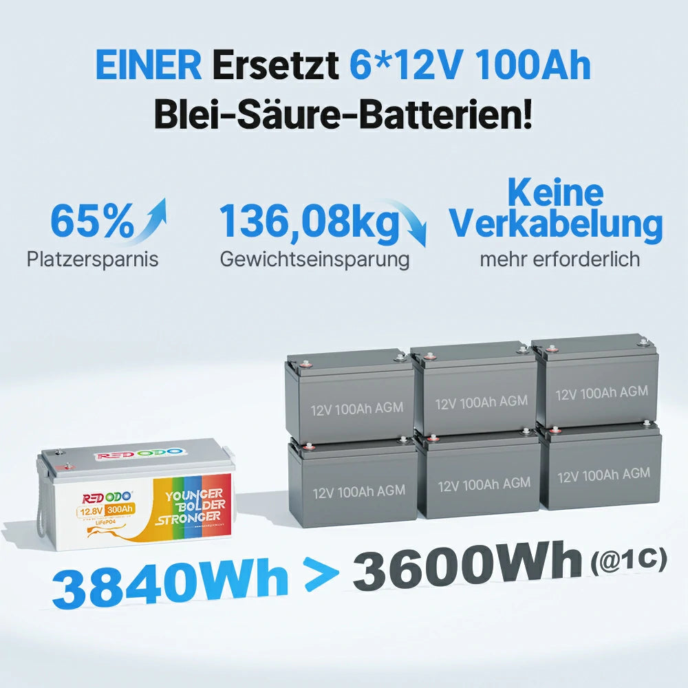 Redodo LiFePO4 12V 300Ah Batterie Akku BMS