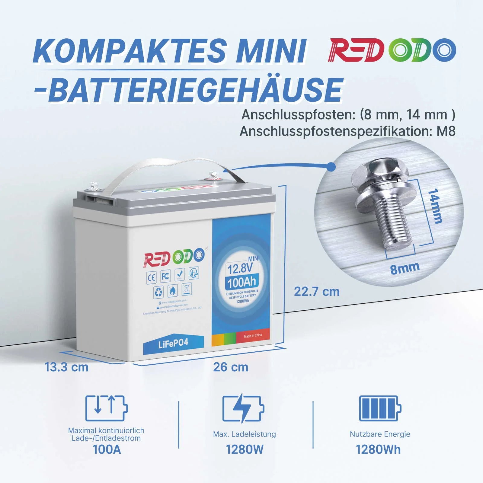 Redodo LiFePO4 12V 100Ah Mini Batterie Akku