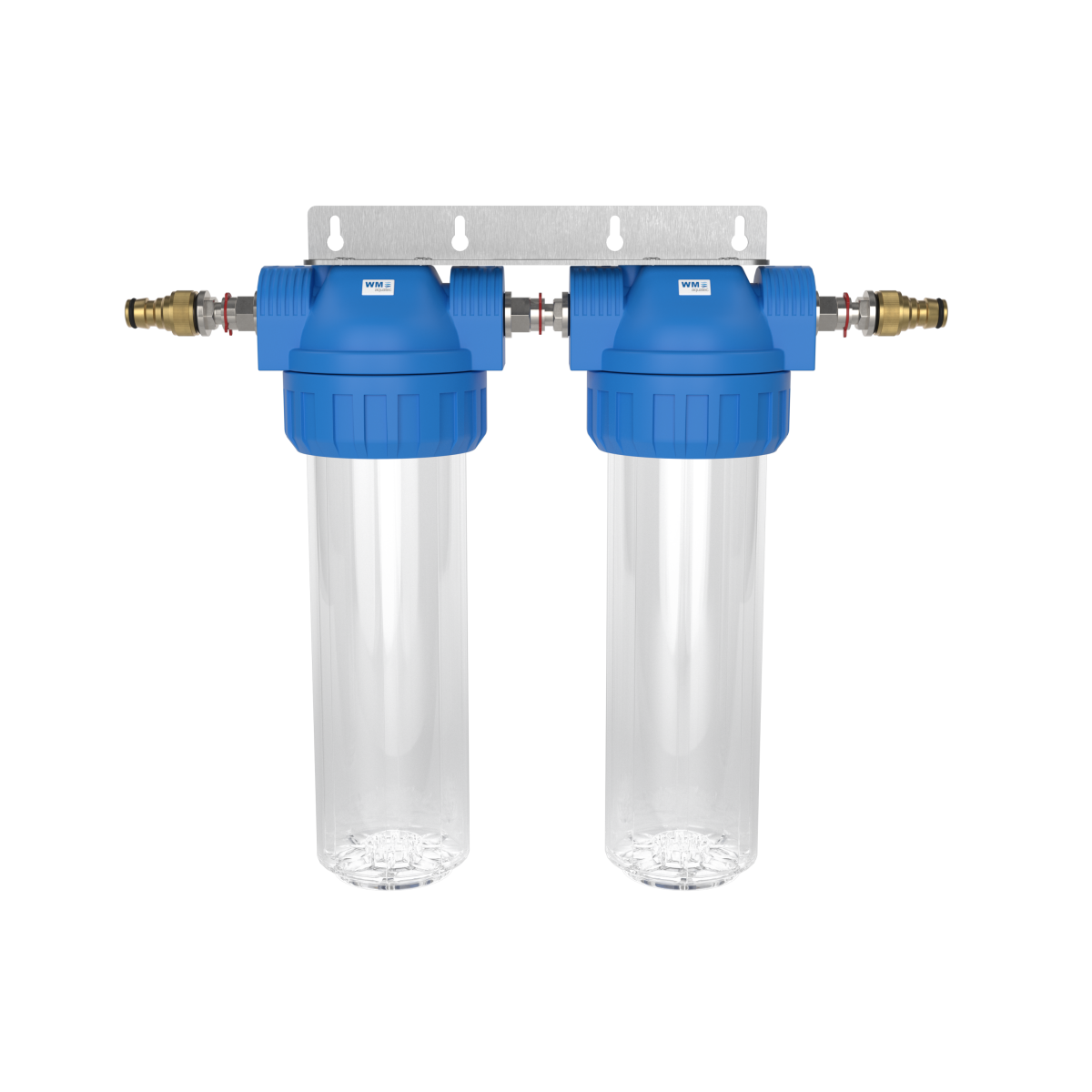Doppel-Wasserfilter-Gehäuse (Größe M); Anschluss: Hahnstück (Gardena® kompatibel) + Edelstahl Wand-B – Marine Infinite Shop