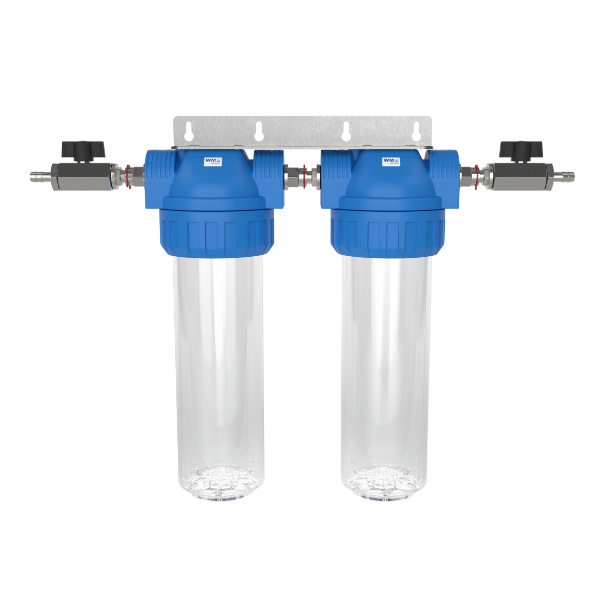 Doppel-Wasserfilter-Gehäuse (Größe M); Anschluss: Schlauchtülle 10mm + Absperrhahn + Edelstahl Wand- – Marine Infinite Shop