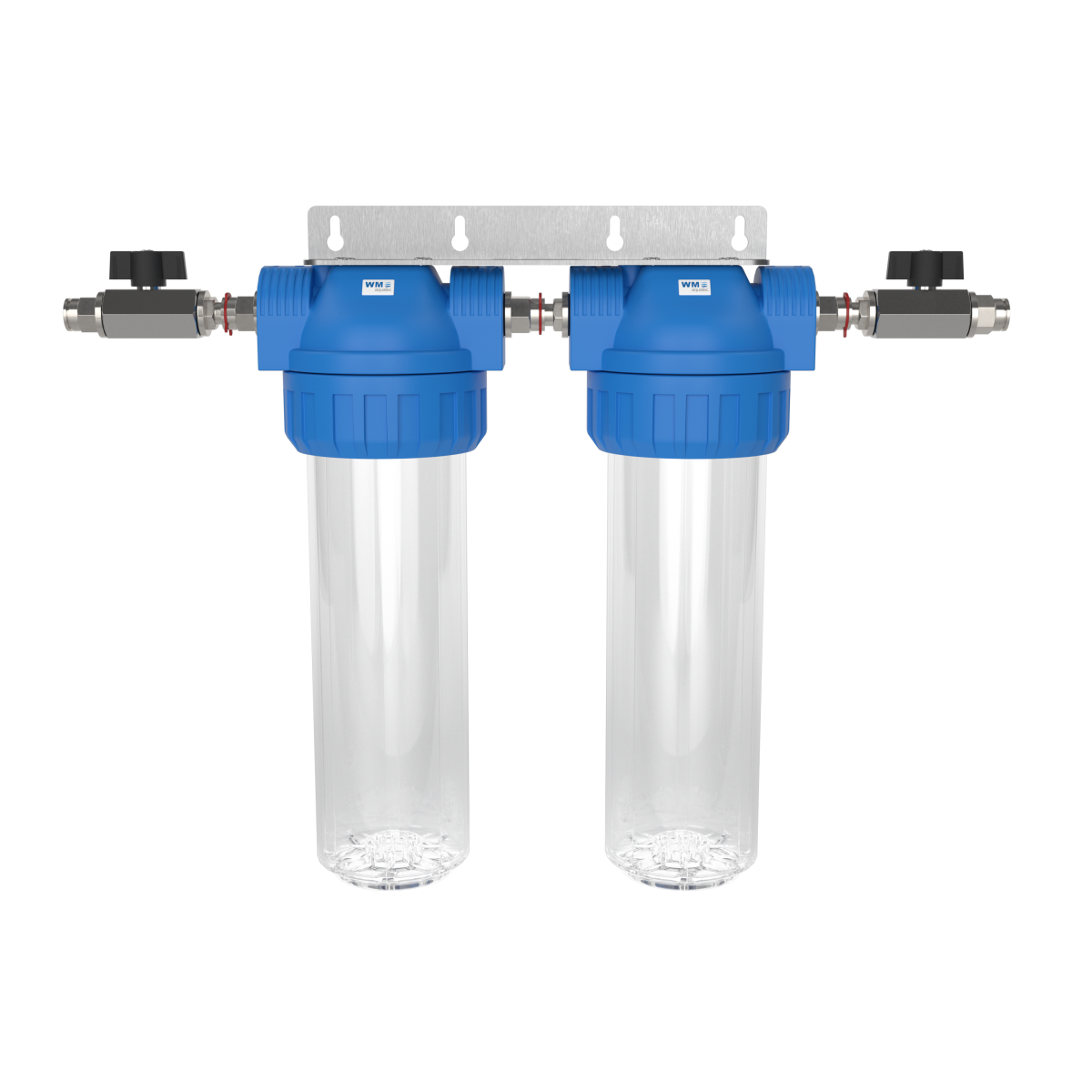 Doppel-Wasserfilter-Gehäuse (Größe M); Anschluss: Steckverbinder 12mm + Absperrhahn + Edelstahl Wand – Marine Infinite Shop