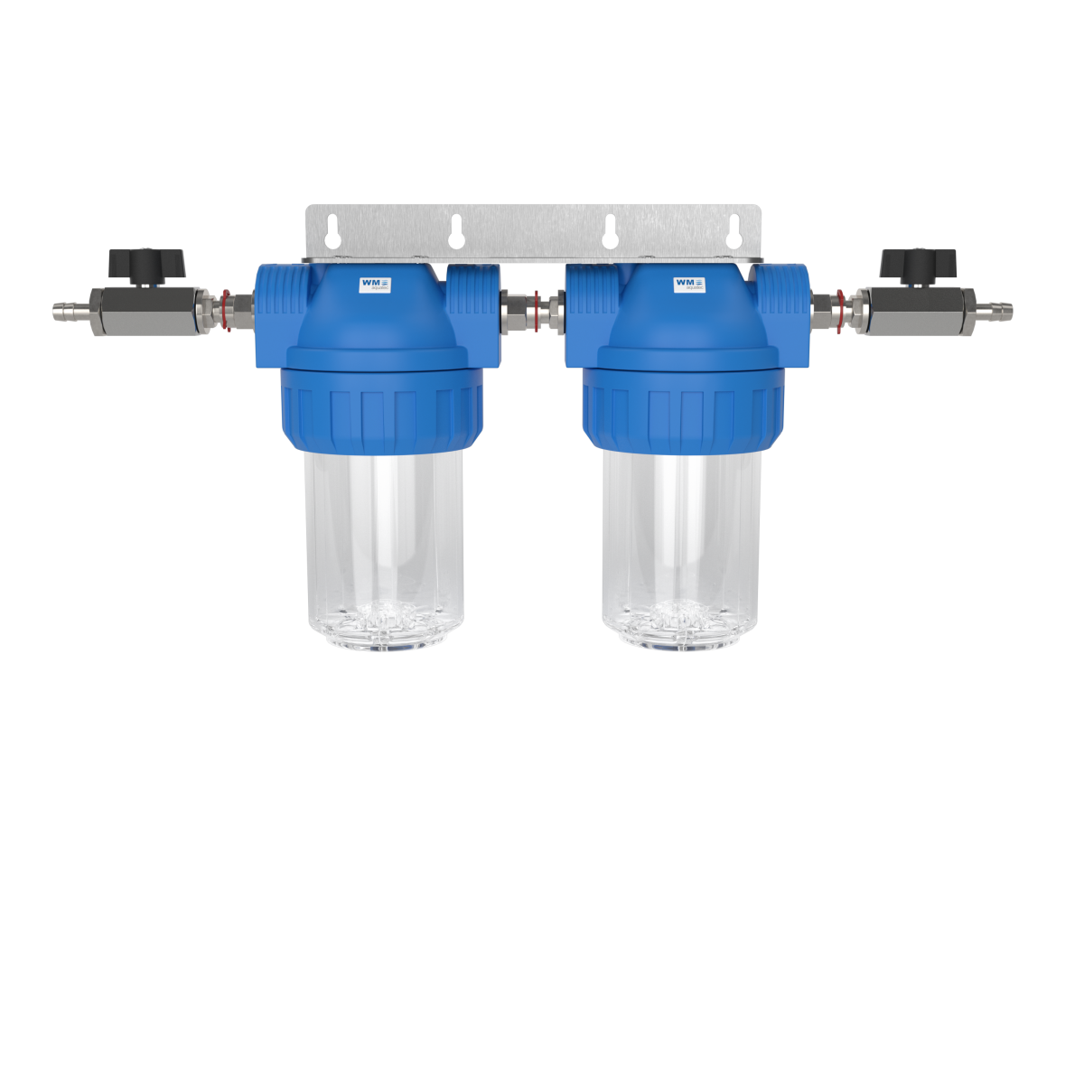 Doppel-Wasserfilter-Gehäuse (Größe S); Anschluss: Schlauchtülle 10mm + Absperrhahn + Edelstahl Wand- – Marine Infinite Shop