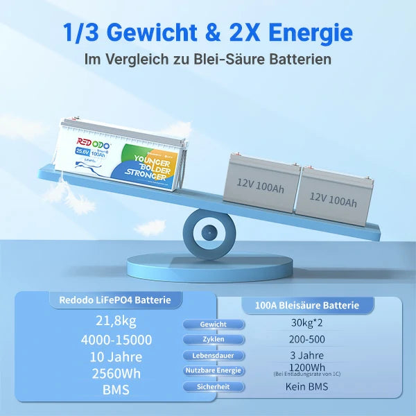 Redodo LiFePO4 24V 100Ah Batterie Akku BMS Bluetooth