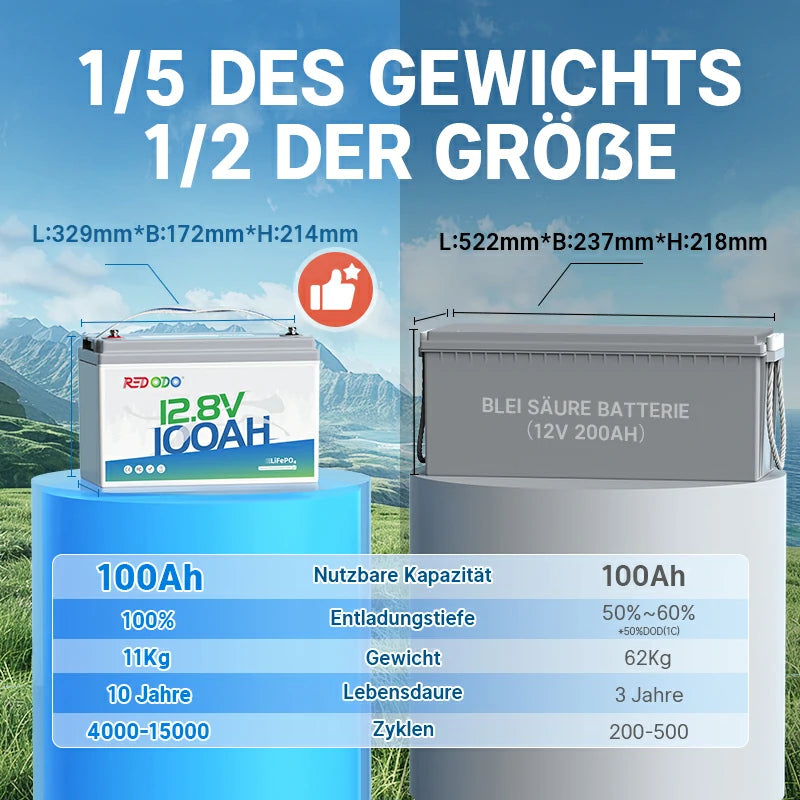 Redodo LiFePO4 12V 100Ah Batterie Akku BMS