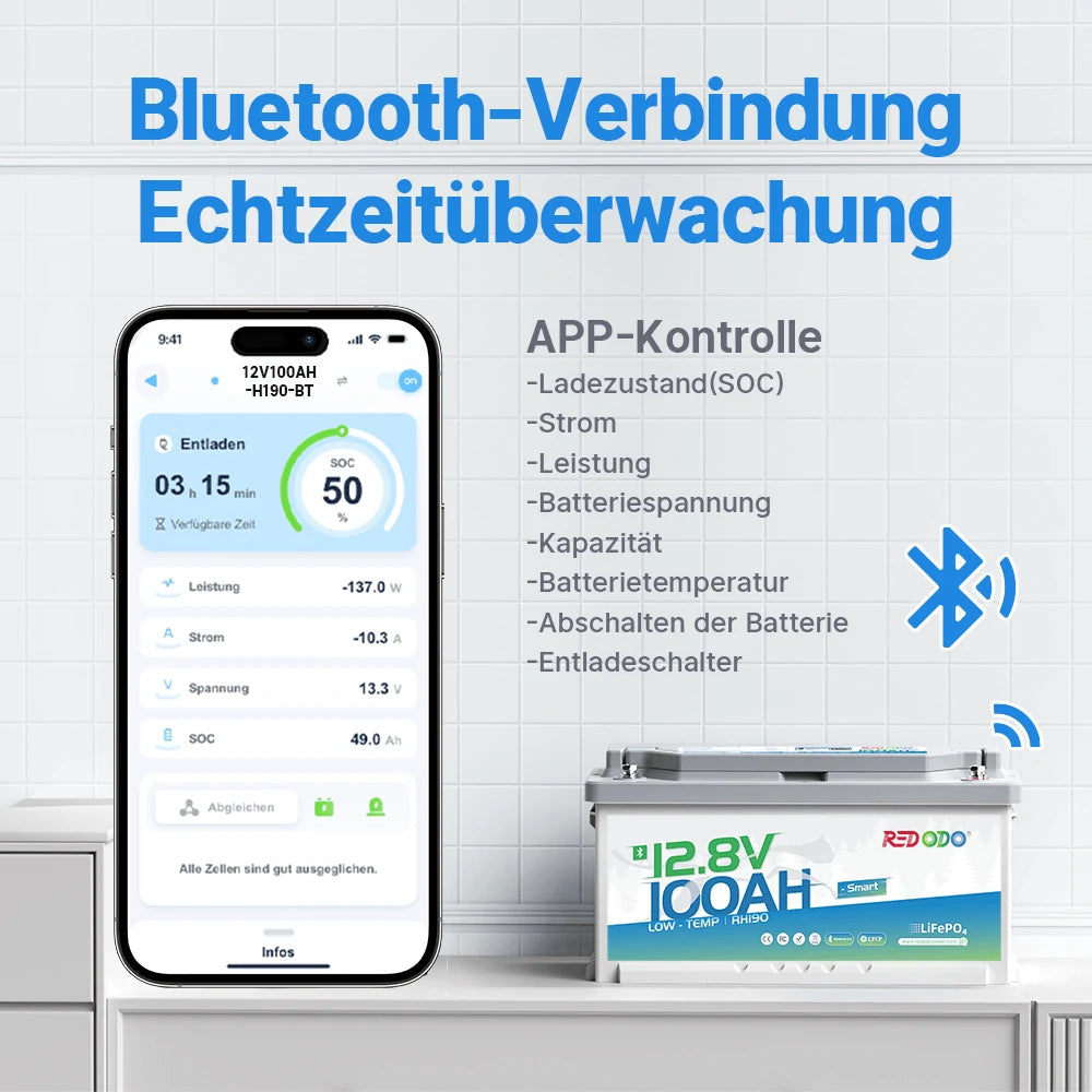 Redodo LiFePO4 12V 100Ah Untersitz Batterie Akku BMS Bluetooth (H190) DIN H8