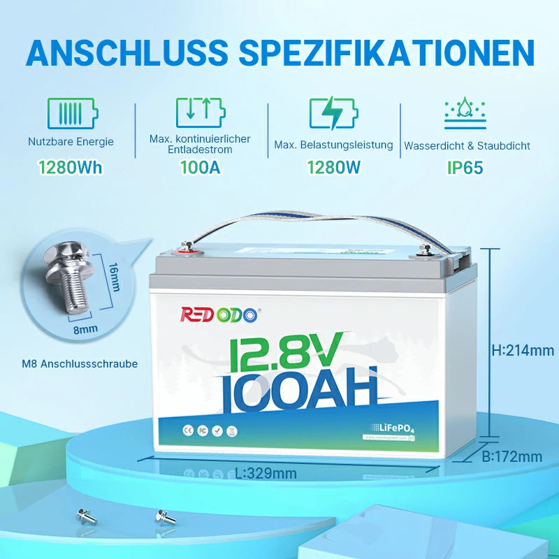 Redodo LiFePO4 12V 100Ah Batterie Akku BMS