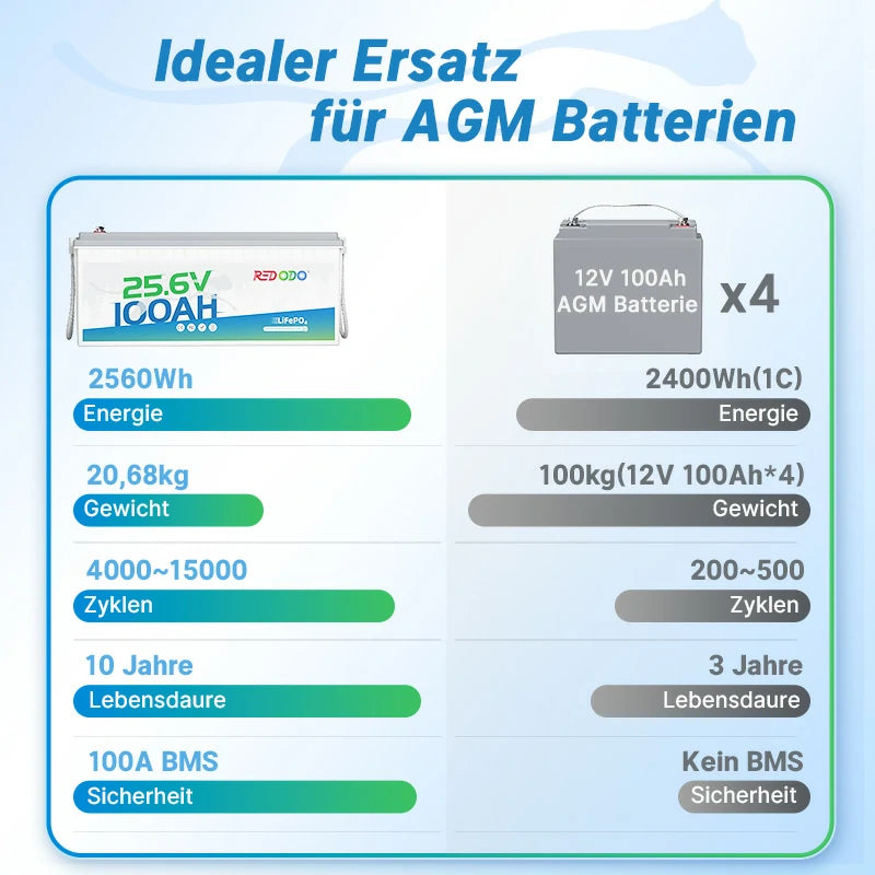 Redodo LiFePO4 24V 100Ah Batterie Akku BMS
