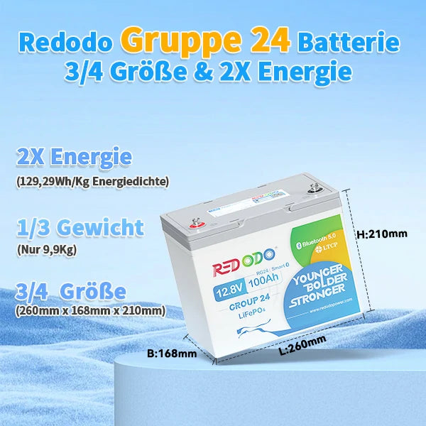 Redodo LiFePO4 12V 100Ah Batterie Akku BMS Bluetooth (Gruppe 24)