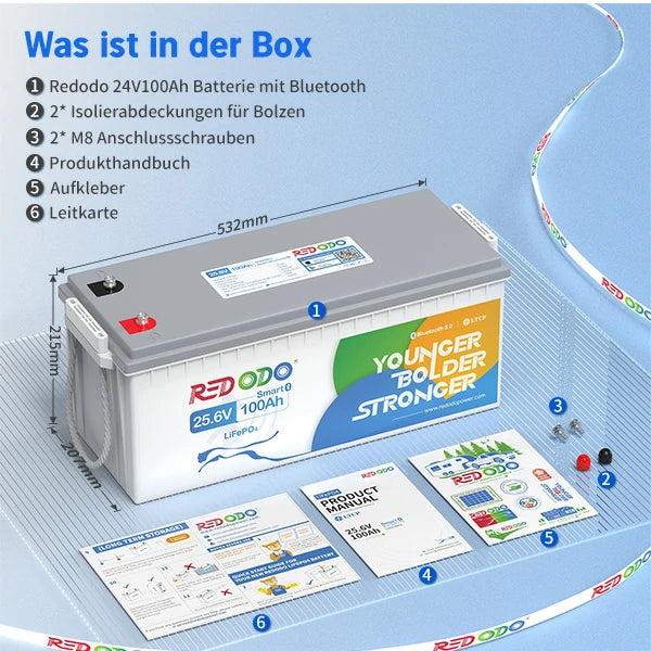 Redodo LiFePO4 24V 100Ah Batterie Akku BMS Bluetooth