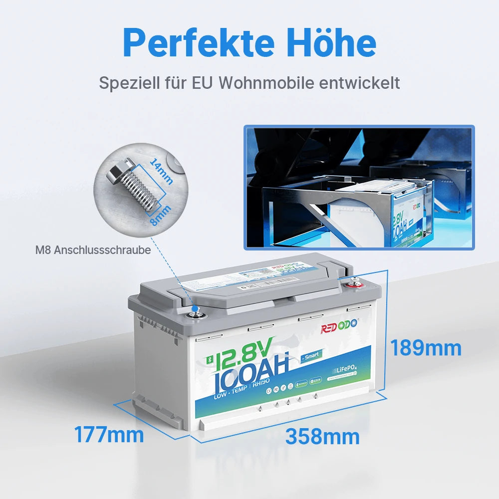Redodo LiFePO4 12V 100Ah Untersitz Batterie Akku BMS Bluetooth (H190) DIN H8