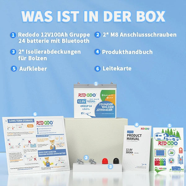 Redodo LiFePO4 12V 100Ah Batterie Akku BMS Bluetooth (Gruppe 24)