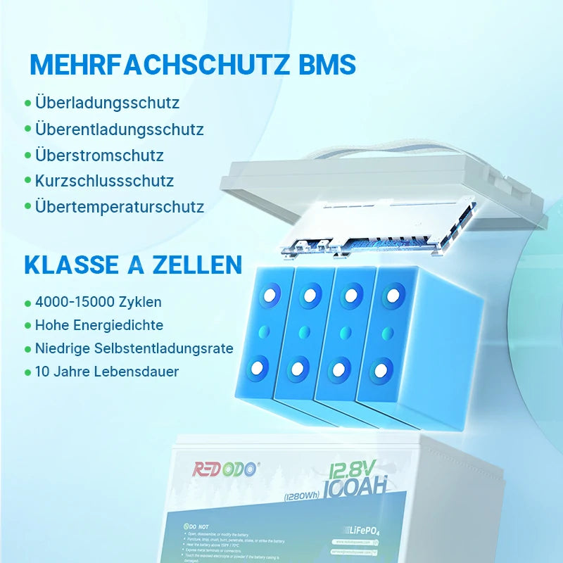 Redodo LiFePO4 12V 100Ah Batterie Akku BMS