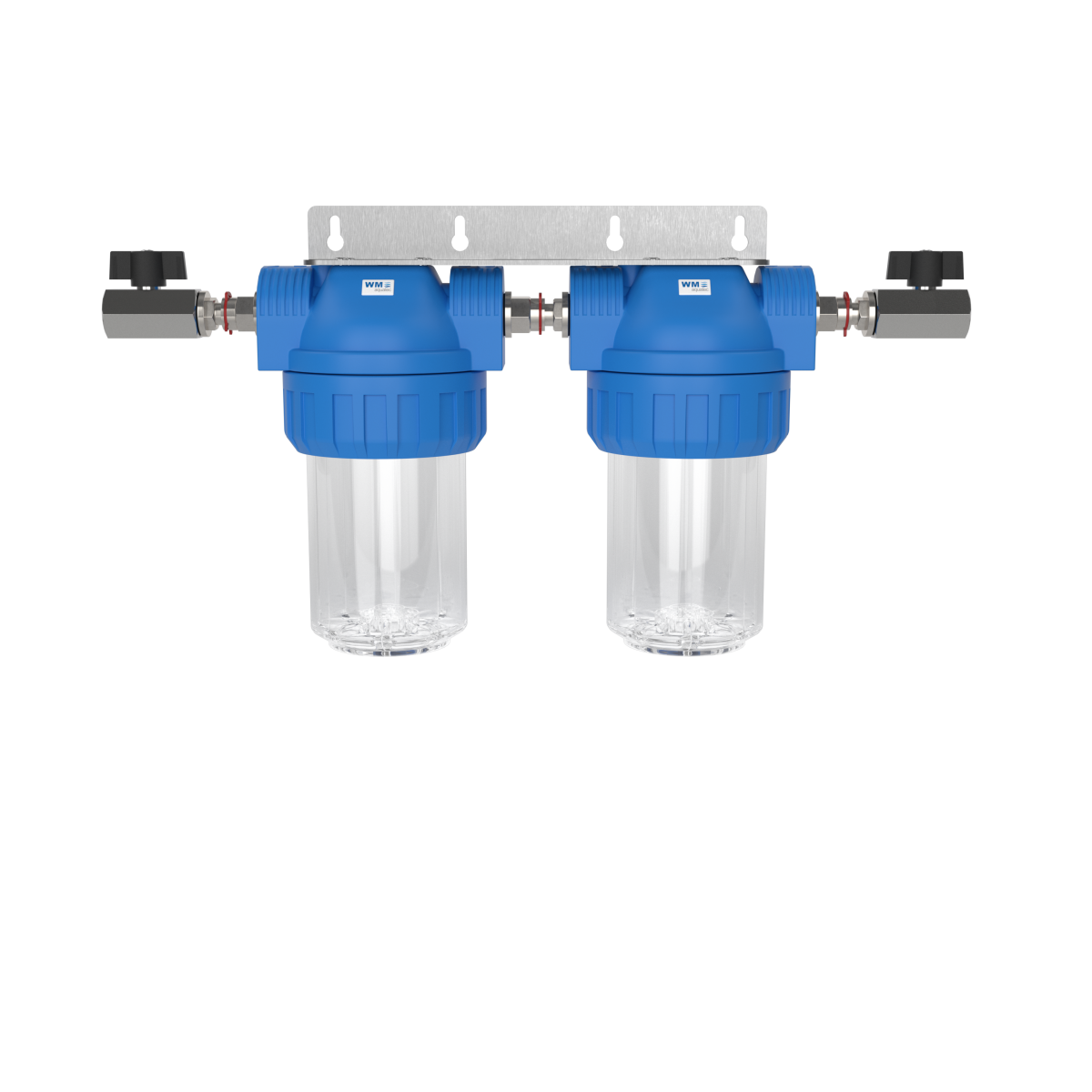 Doppel-Wasserfilter-Gehäuse (Größe S); Anschluss: Absperrhahn mit 1/2" IG + Edelstahl Wand-Befestigu – Marine Infinite Shop