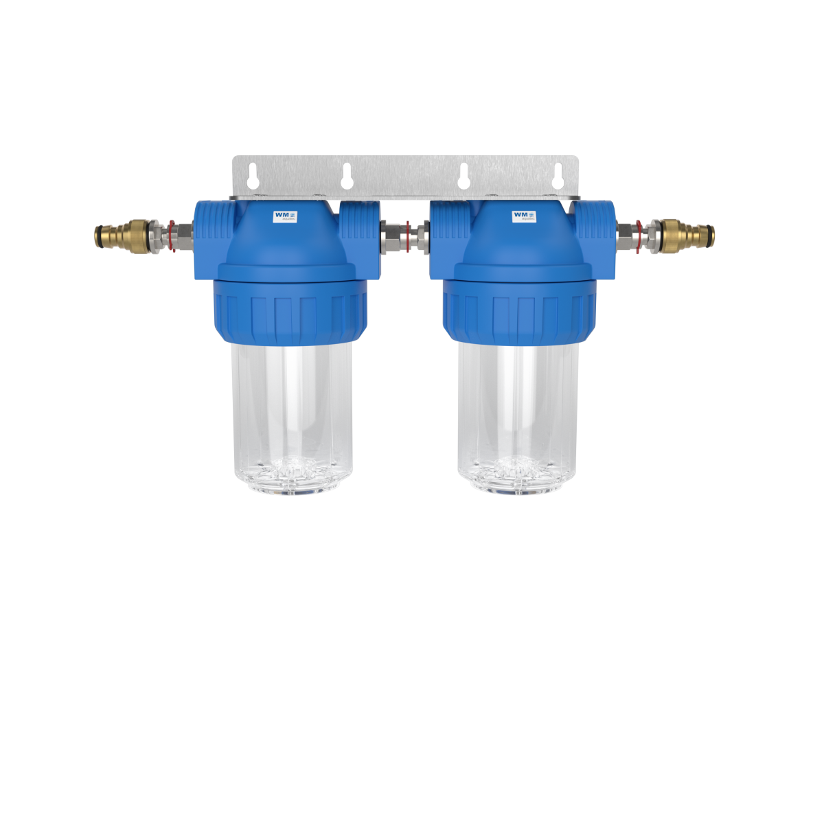 Doppel-Wasserfilter-Gehäuse (Größe S); Anschluss: Hahnstück (Gardena® kompatibel) + Edelstahl Wand-B – Marine Infinite Shop