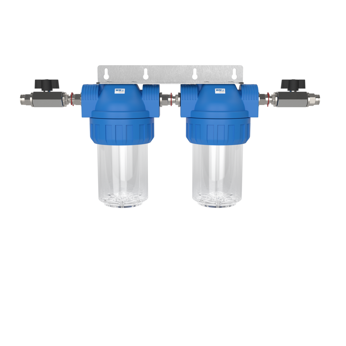 Doppel-Wasserfilter-Gehäuse (Größe S); Anschluss: Steckverbinder 12mm + Absperrhahn + Edelstahl Wand – Marine Infinite Shop