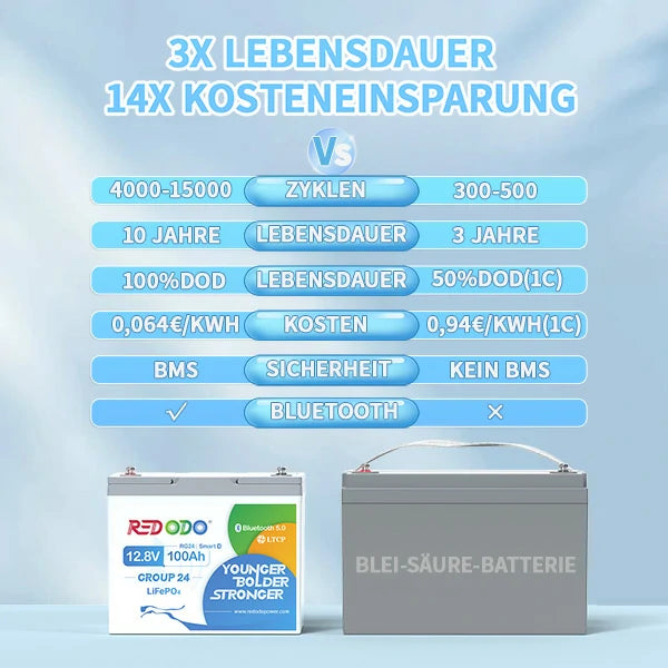 Redodo LiFePO4 12V 100Ah Batterie Akku BMS Bluetooth (Gruppe 24)