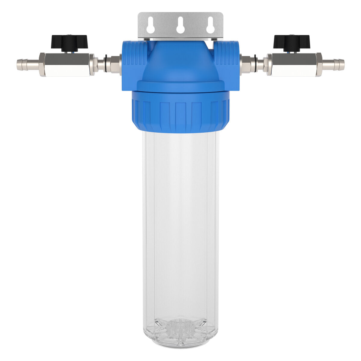 Wasserfilter-Gehäuse (Größe M) mit Anschluss Schlauchtülle (12 mm), Absperrhahn und Wand-Befestigung – Marine Infinite Shop